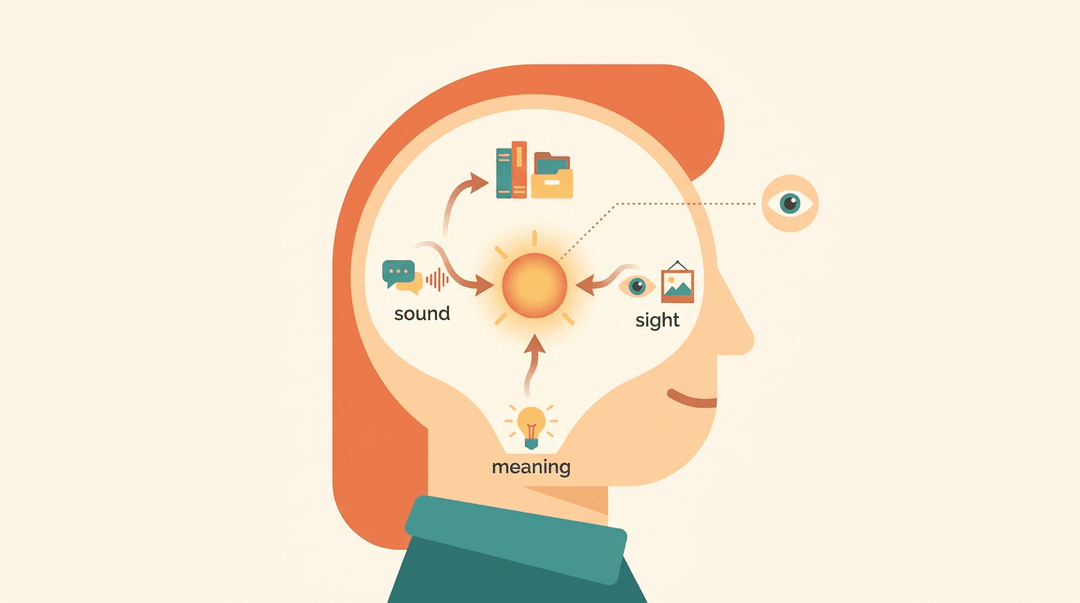 Diagram showing sound, sight, and meaning binding into a central episodic buffer linked to memory.