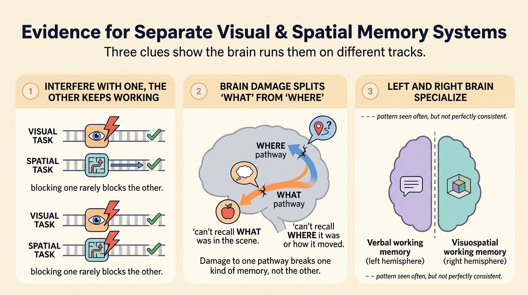Infographic showing three clues for separate visual and spatial memory systems using parallel lanes, brain pathways, and hemispheres.