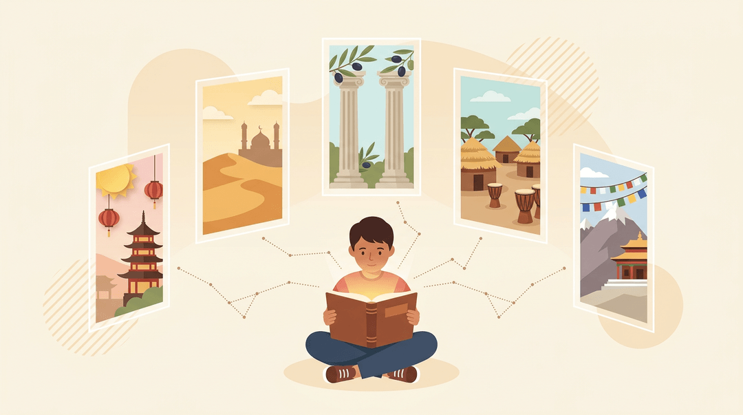A student reads a glowing book surrounded by portals to diverse global cultures.