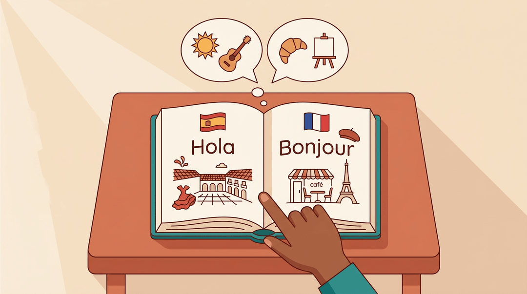 An open textbook displays Spanish and French greetings with cultural icons, symbolizing language learning beyond vocabulary.