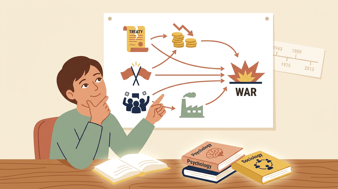 Student analyzes a cause-and-effect web diagram about war, prioritizing psychology and sociology over a faded timeline.