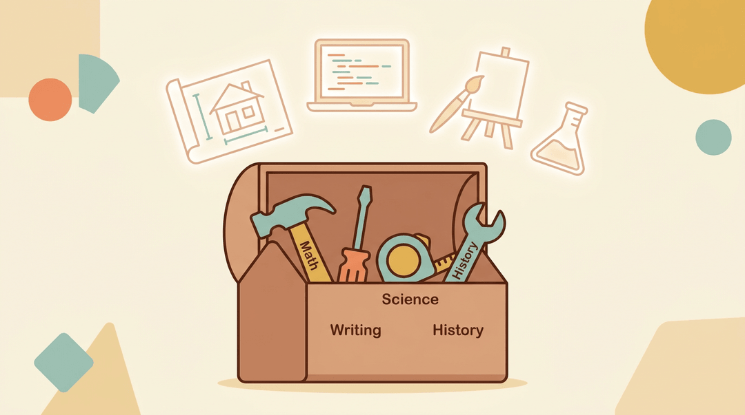 Open toolbox with tools labeled Math, Writing, Science, and History symbolizing foundational skills for future paths.