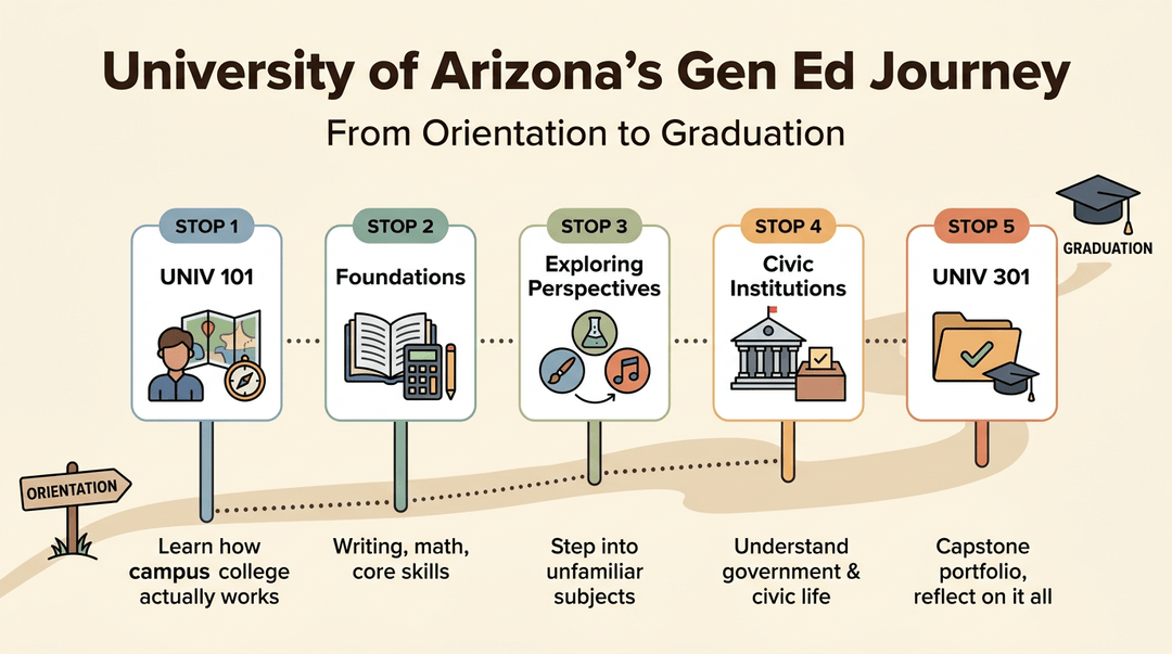 A journey map showing five steps from Orientation to Graduation, highlighting key university courses and skills along the path.