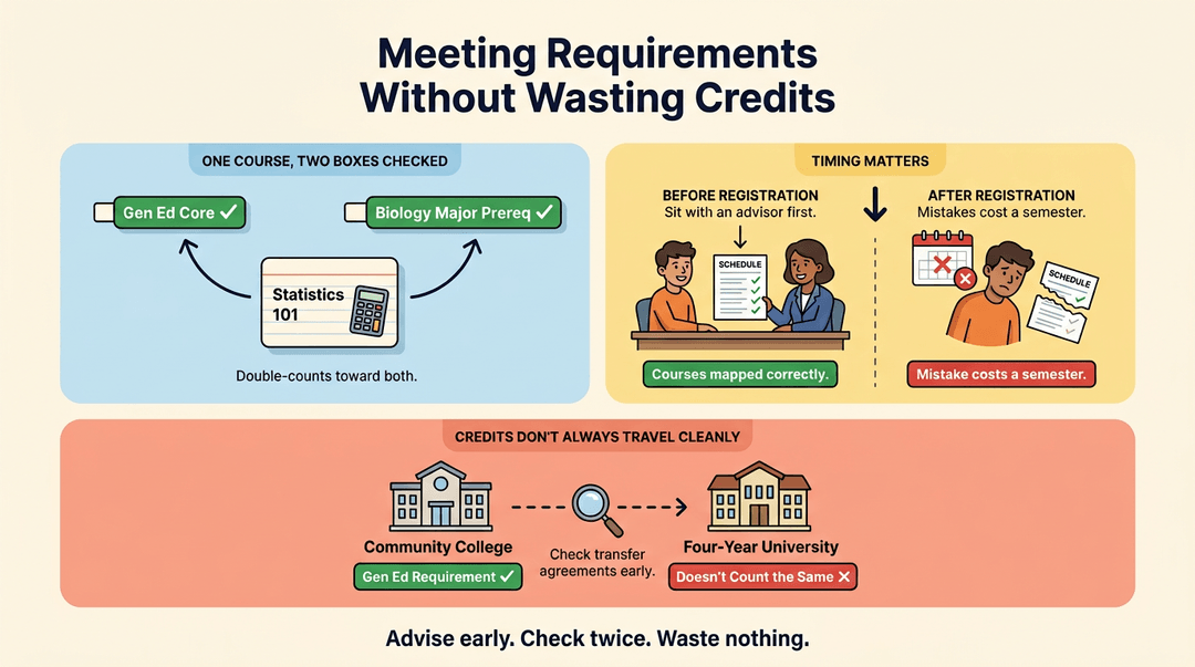 Infographic showing how to maximize college credits by double-counting courses, meeting with advisors early, and checking transfer agreements.