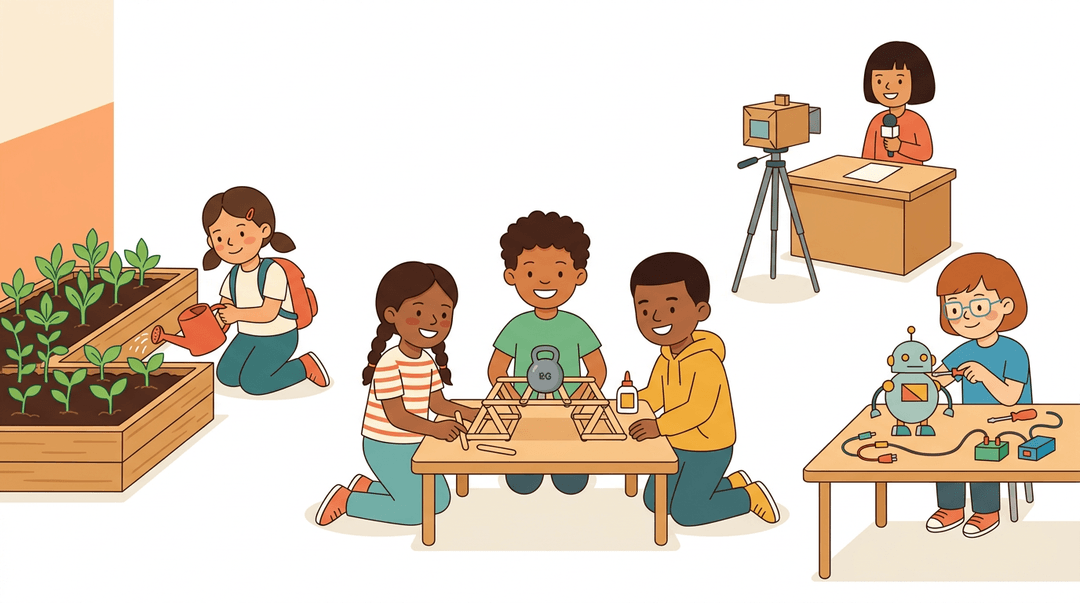 Students engage in hands-on STEM activities including bridge building, gardening, robotics, and news reporting in a vibrant classroom.
