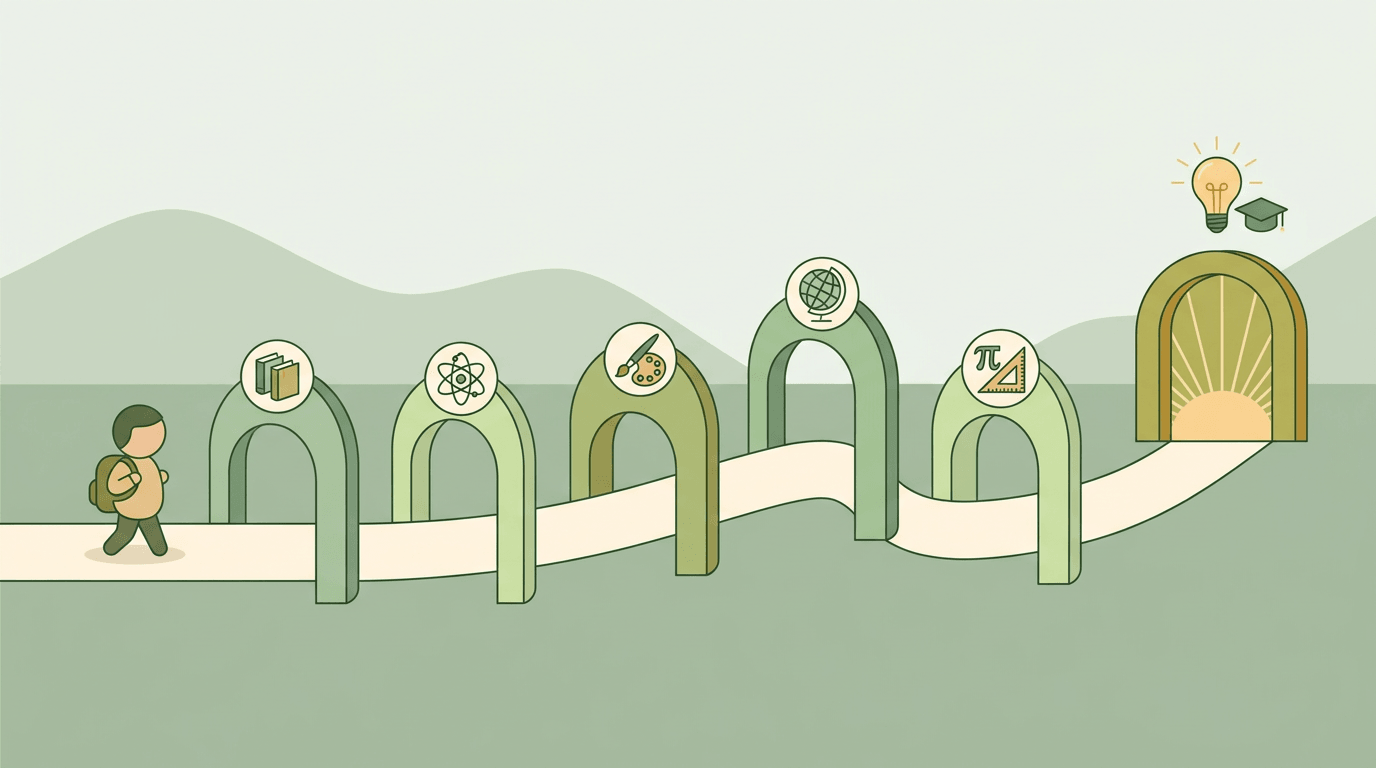 Student walks past subject archways toward a graduation symbol, representing learning across disciplines.