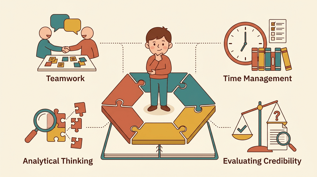 A student stands at the center of a diagram connecting four icons representing teamwork, time management, analytical thinking, and evaluating credibility.