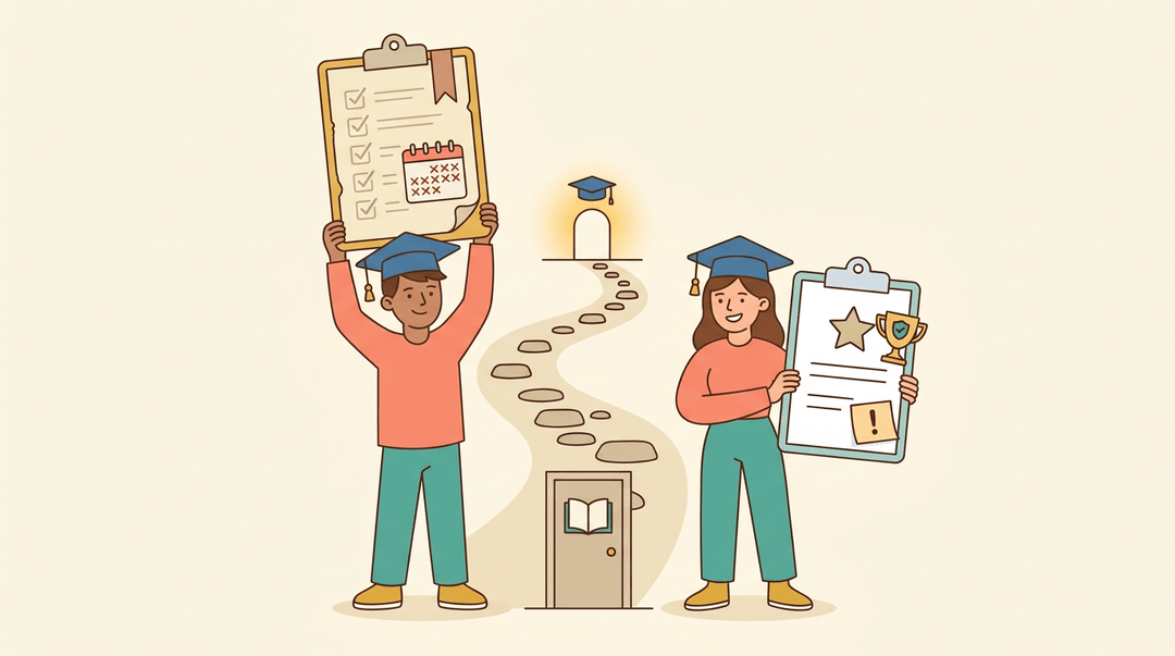 Two students hold checklists representing old and new requirements, standing on a shared path toward graduation.