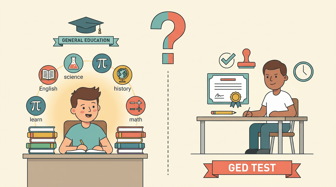 Comparison of general education's broad subjects versus the focused GED test credential.