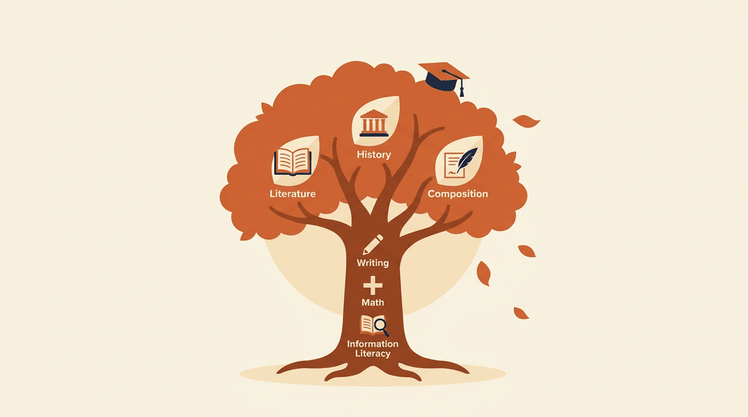 An oak tree with roots and branches labeled for core subjects, topped by a graduation cap.
