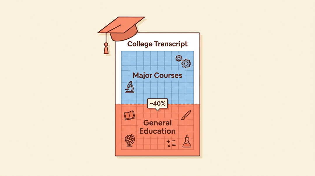 A stylized college transcript shows general education taking up 40% of the degree, marked by coral color and icons below major courses.