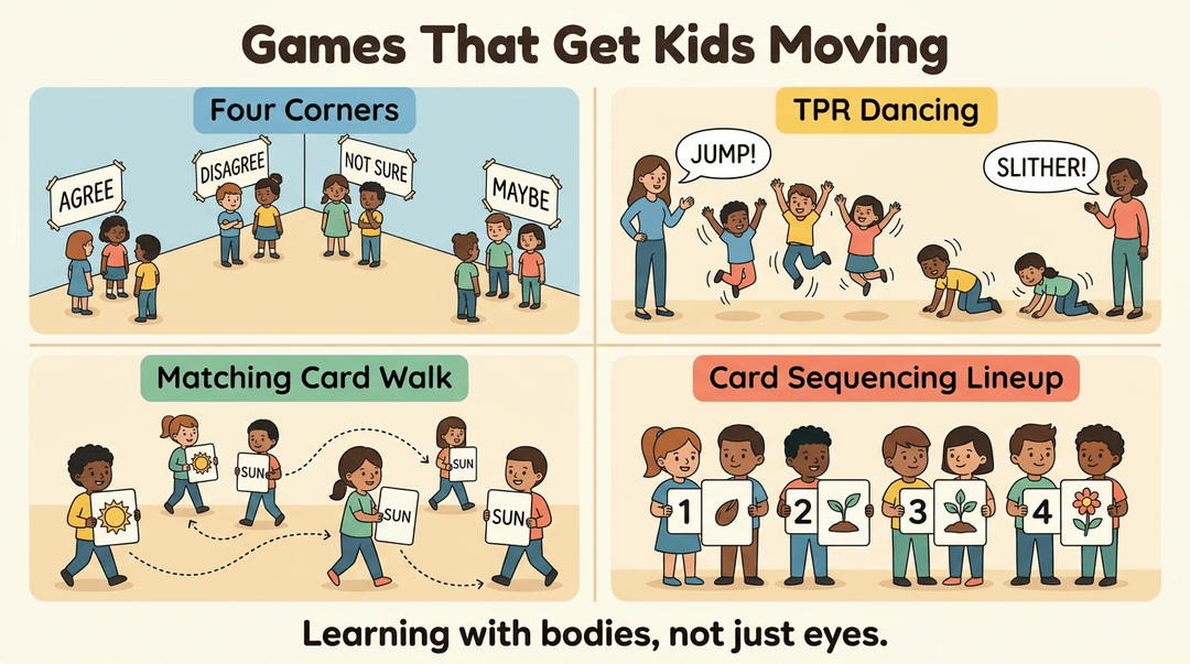 Four classroom games showing kids moving: Four Corners, TPR Dancing, Matching Card Walk, and Card Sequencing Lineup.