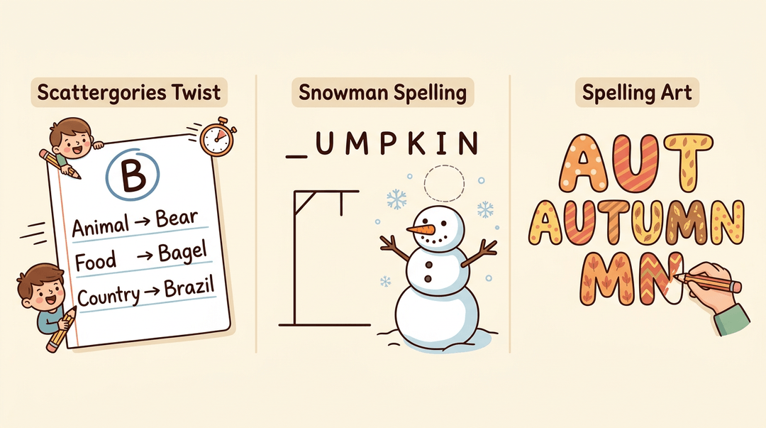 Three panels show spelling games: a timed letter challenge, hangman with a snowman, and colorful patterned letters.