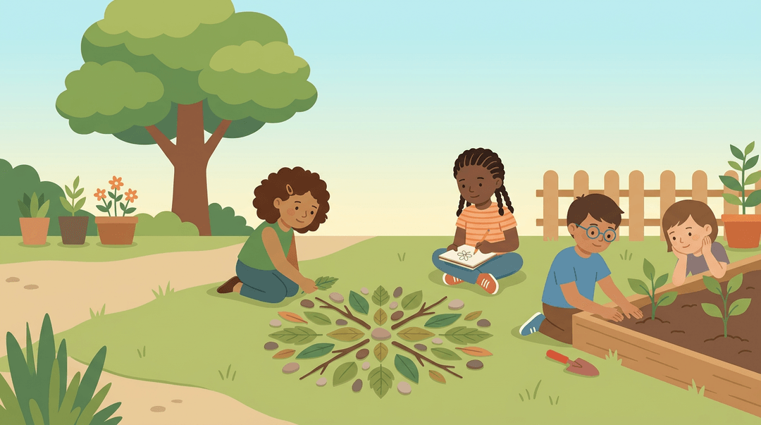 Diverse children engage in calm nature activities around a leaf and pebble mandala in a sunny school garden.
