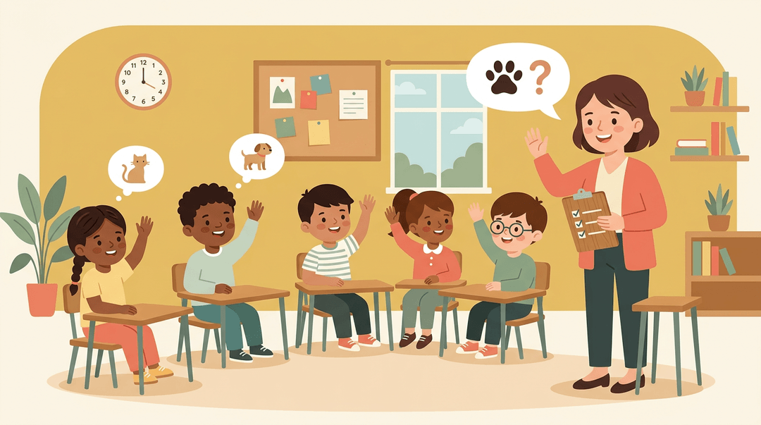A teacher asks about pets while five diverse students raise hands, some thinking of cats or dogs in a warm classroom.