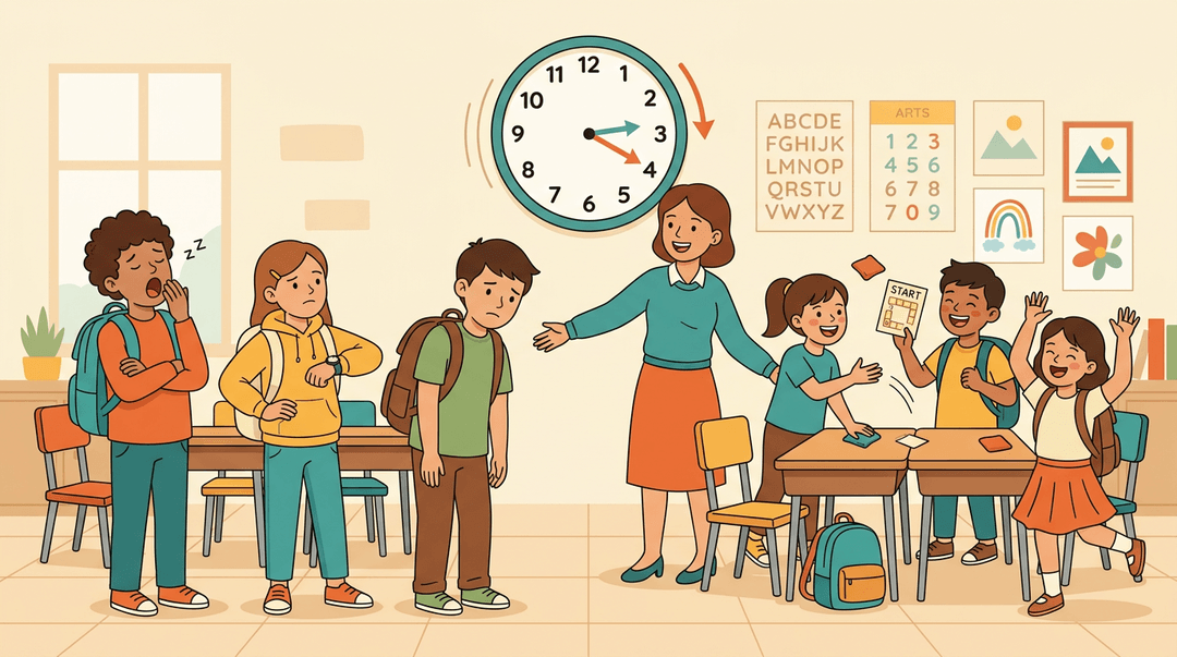 A teacher bridges bored students and an engaged group in a classroom just before the bell.