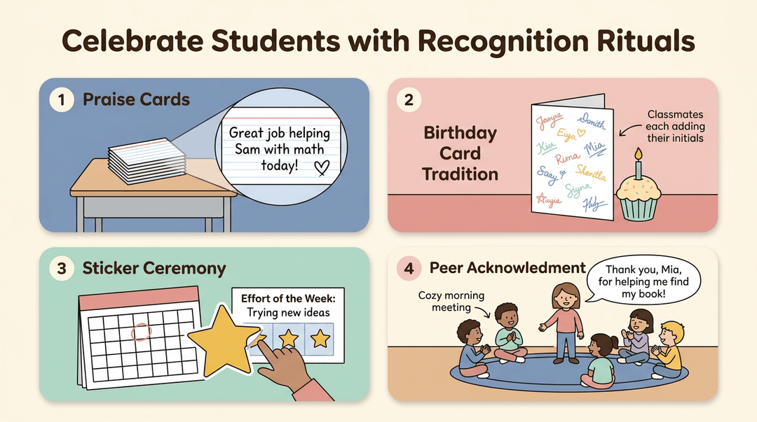A grid of four illustrated cards showing teacher recognition rituals: praise cards, birthday traditions, sticker ceremonies, and peer acknowledgment.
