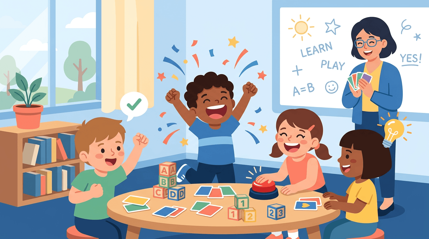 Diverse students celebrate a learning game with confetti, a buzzer, and lightbulb icons while a teacher claps nearby.