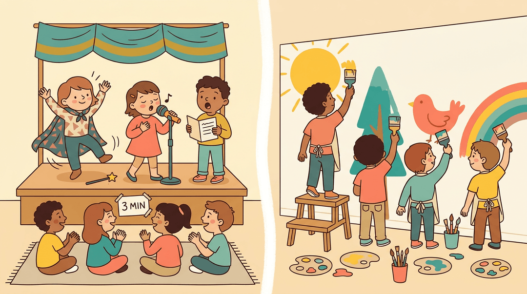 Children perform on a mini stage and paint a mural together, showcasing shared creativity in warm, flat vector art.