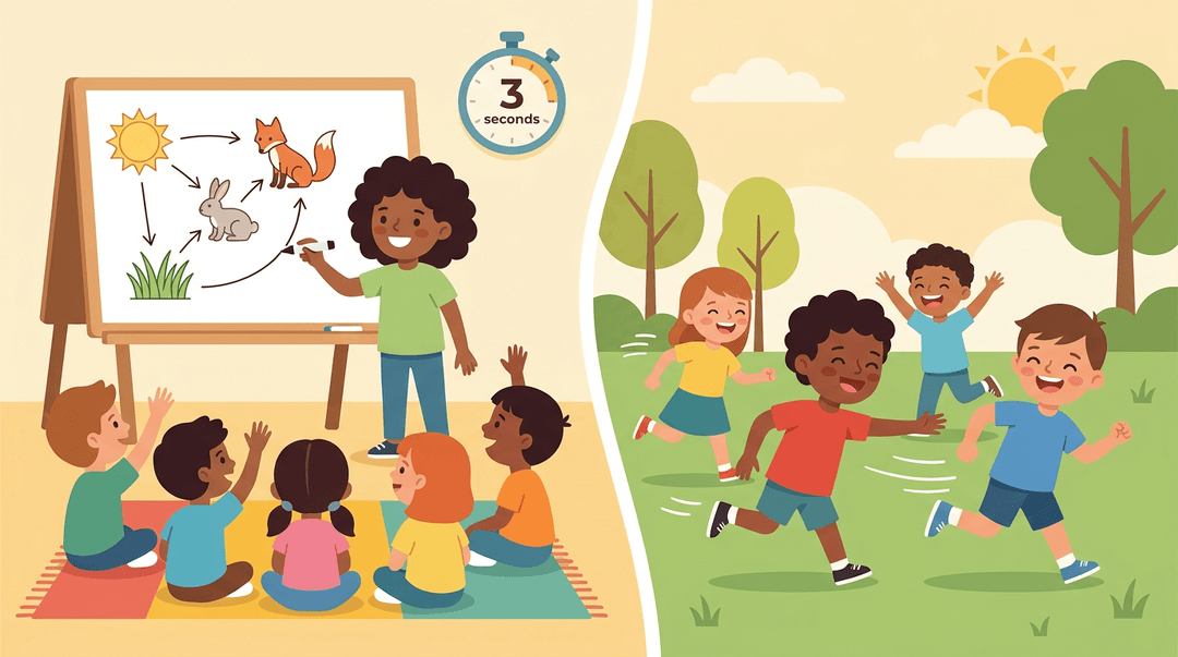 Split scene shows students drawing a food web indoors and playing tag outdoors.