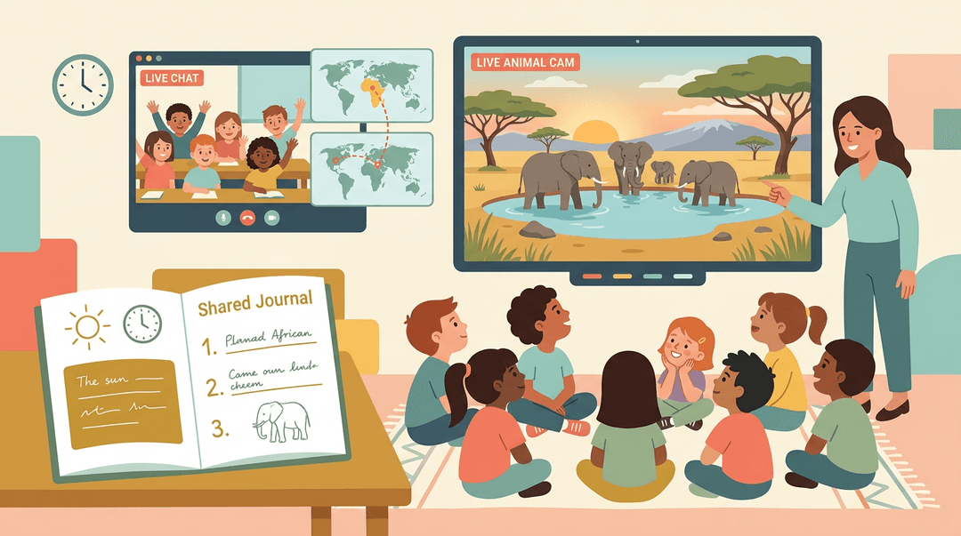 Diverse students view elephants on a screen while video chatting with peers abroad, guided by their teacher in a connected classroom.