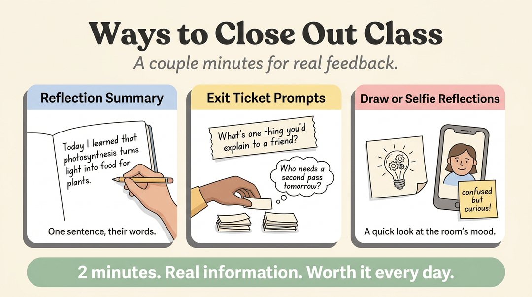 Infographic showing three quick class closure methods: reflection summaries, exit tickets, and visual reflections.
