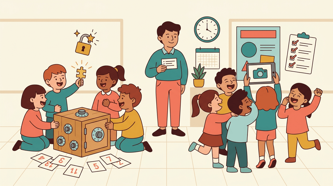 Kids split into two groups solving puzzles and taking photos while a calm teacher watches in the center of a bright classroom.