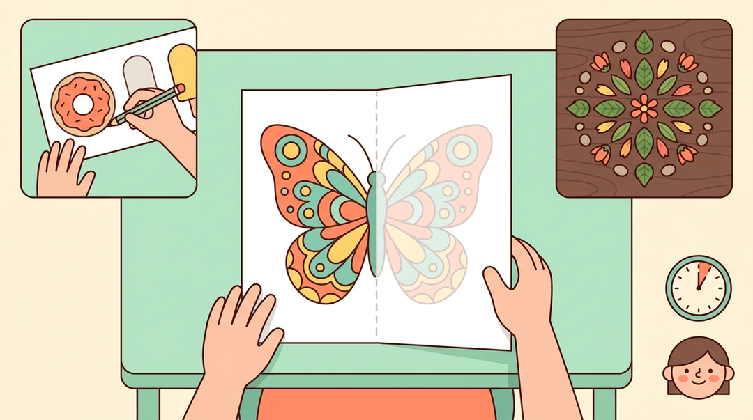 A child unfolds a butterfly symmetry art project in a warm classroom, surrounded by nature mandalas and pattern tracing activities.
