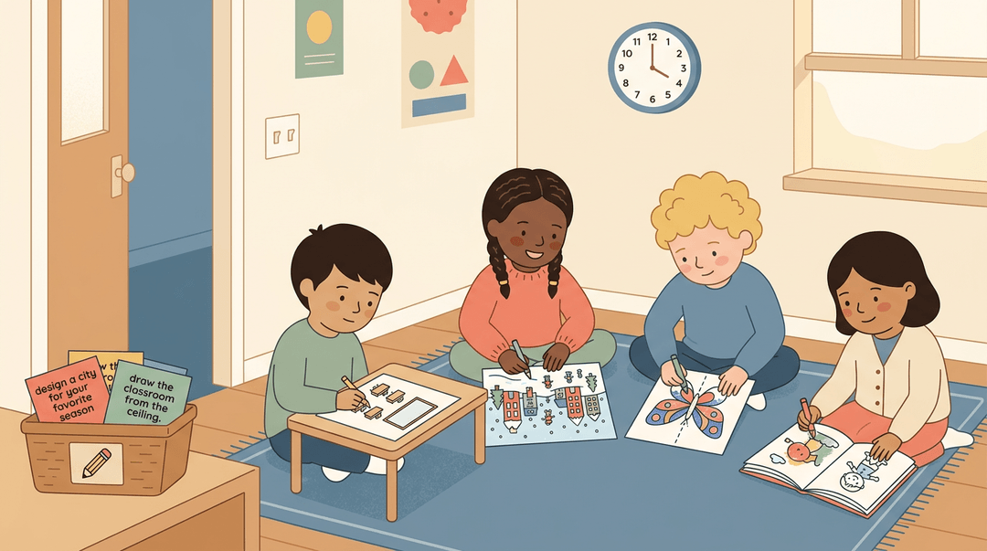 Diverse students quietly draw creative prompts from a basket in a cozy, sunlit classroom corner.