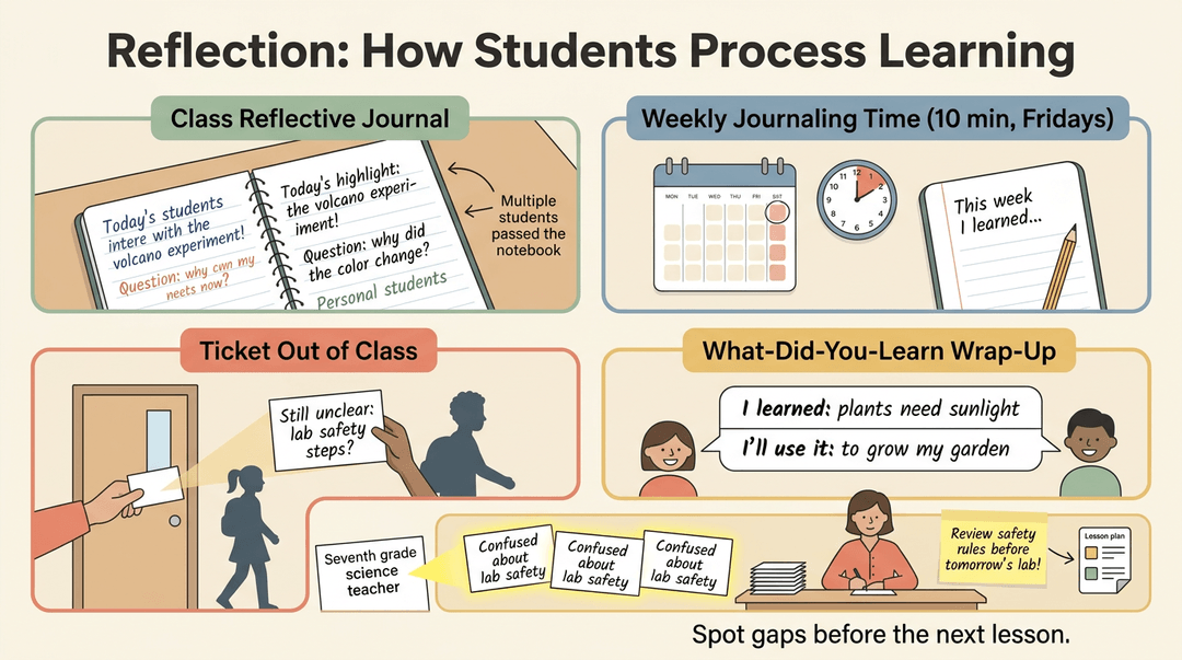 Illustration showing four student reflection methods and a teacher reviewing exit tickets to identify learning gaps.