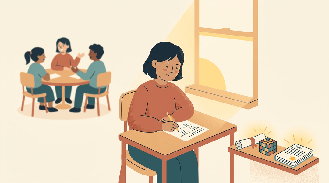 A content student works alone at a desk by a window, surrounded by glowing personal achievements, while other students collaborate nearby.