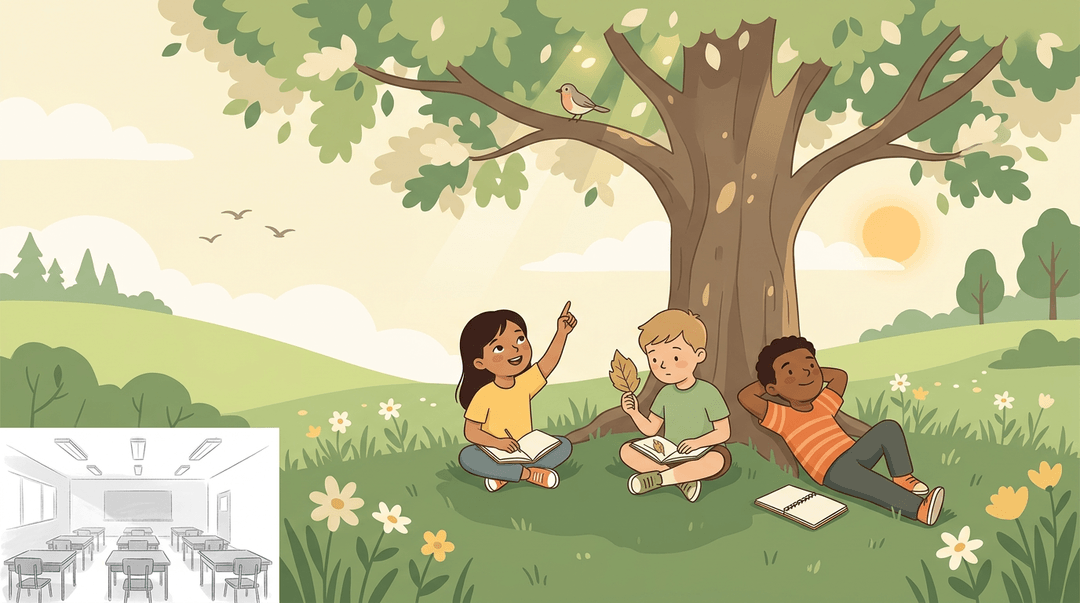 Children learn joyfully outdoors under a tree, contrasted with a faint image of a drab classroom.