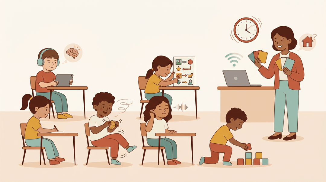 Five diverse students learn in unique ways while a teacher thoughtfully observes, navigating time pressure, tech issues, and home support.