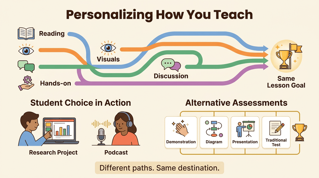 An educational illustration shows four varied learning paths converging to a