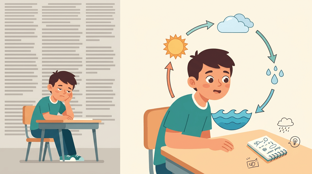 A split-panel image shows a bored student on the left and the same student engaged with a colorful water cycle diagram on the right.