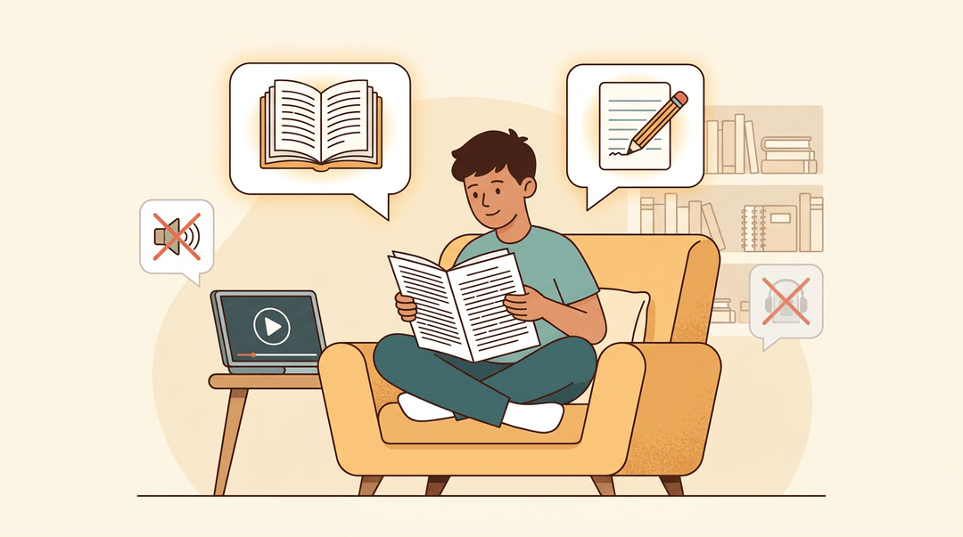 A student reads a printed transcript, ignoring a laptop and showing a clear preference for reading and writing over video or audio.