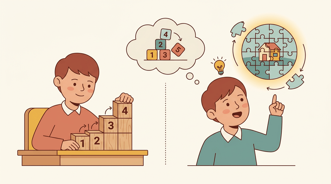 Two students demonstrate different learning styles: one builds understanding step-by-step, the other has a sudden insight.