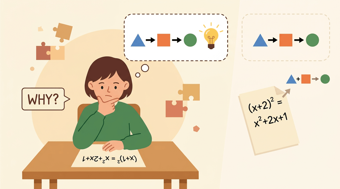 A student thoughtfully examines a math equation, considering cause and effect with a