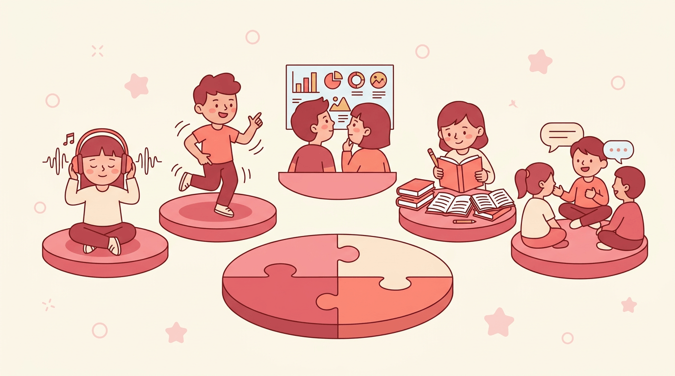Five diverse children demonstrate different learning styles: auditory, kinesthetic, visual, reading/writing, and social.