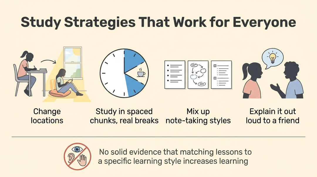 Four illustrated panels depict effective study strategies, including changing locations, spaced practice, varied note-taking, and peer explanation.