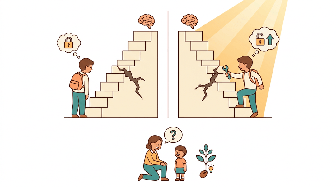 A split image shows two students facing a cracked staircase: one turns away with a locked padlock thought bubble, while the other climbs past the crack with a wrench and an open padlock thought bubble. Below, a teacher and child smile, with a question mark and a sprouting seed thought bubble.