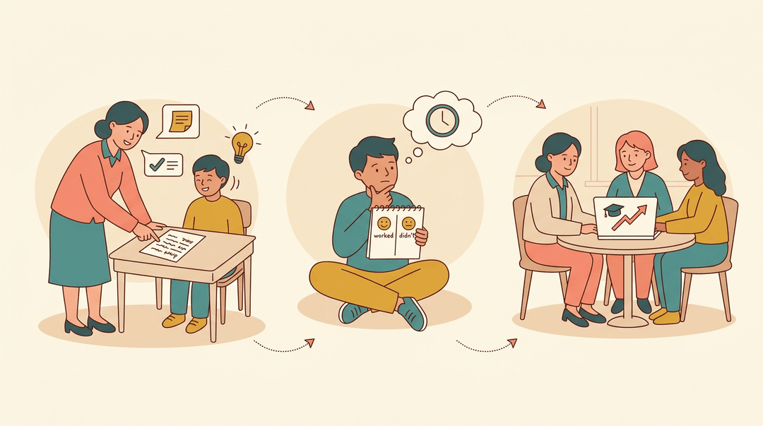 A three-part illustration shows a feedback loop: a teacher provides feedback, a student reflects, and teachers collaborate.