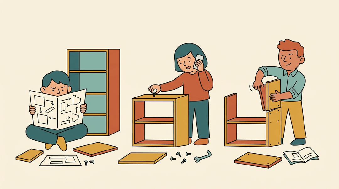 Three figures assemble flat-pack furniture differently: one studies instructions, one listens to audio, and one confidently wings it.