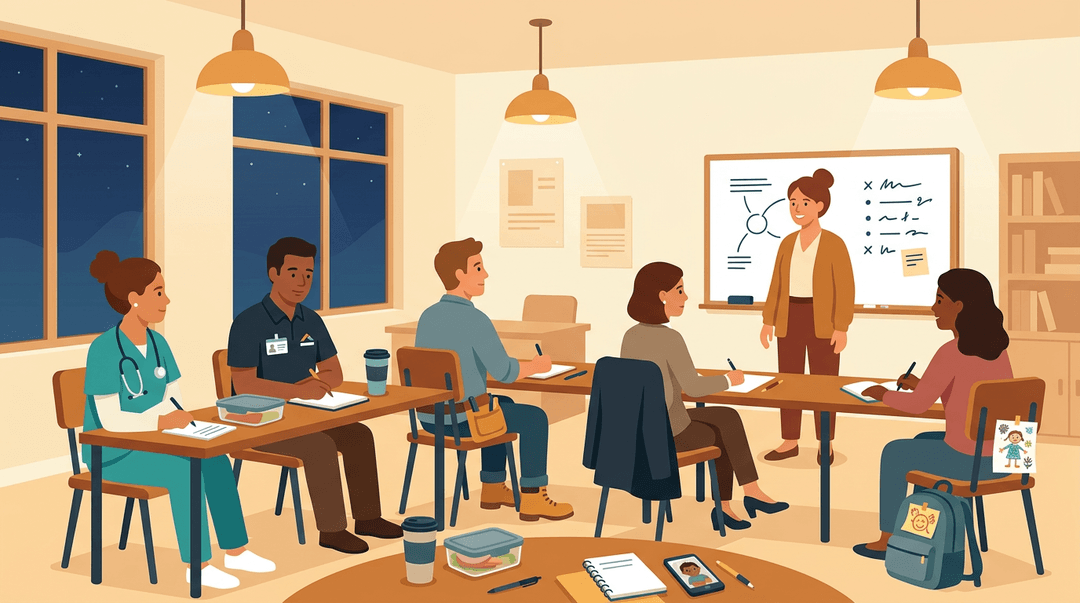 Adult students in work attire listen to an instructor in a cozy evening community college classroom.