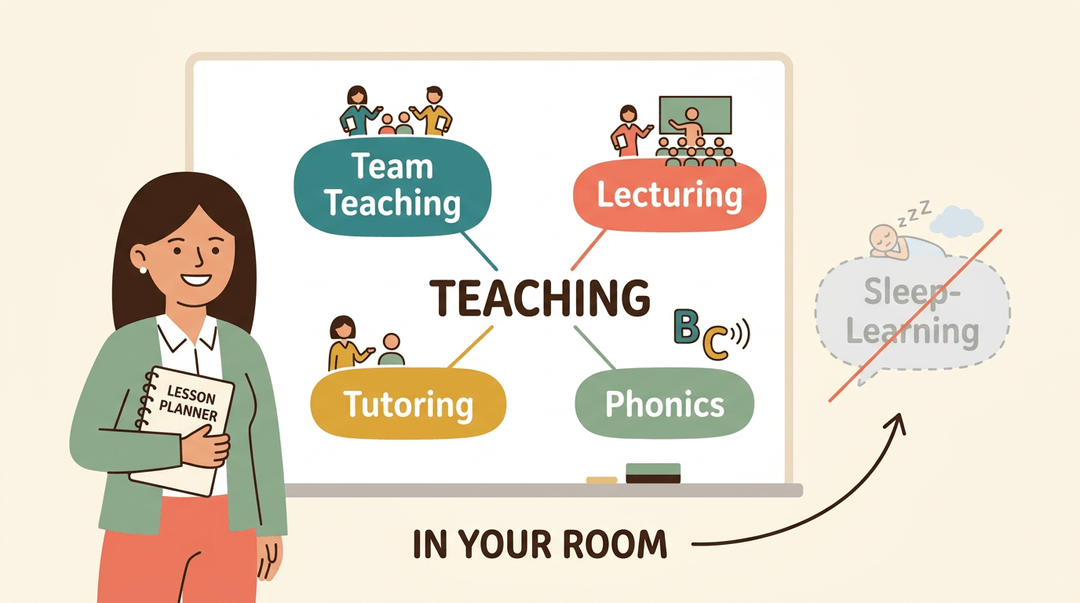 A teacher stands at a whiteboard displaying four practical teaching methods: team teaching, lecturing, tutoring, and phonics, while excluding sleep-learning.