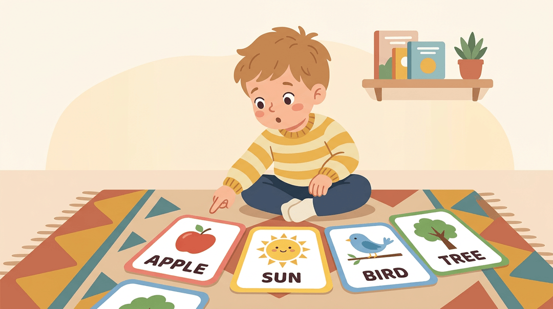 A child sits on a rug pointing at colorful flashcards linking simple pictures like an apple to their words.