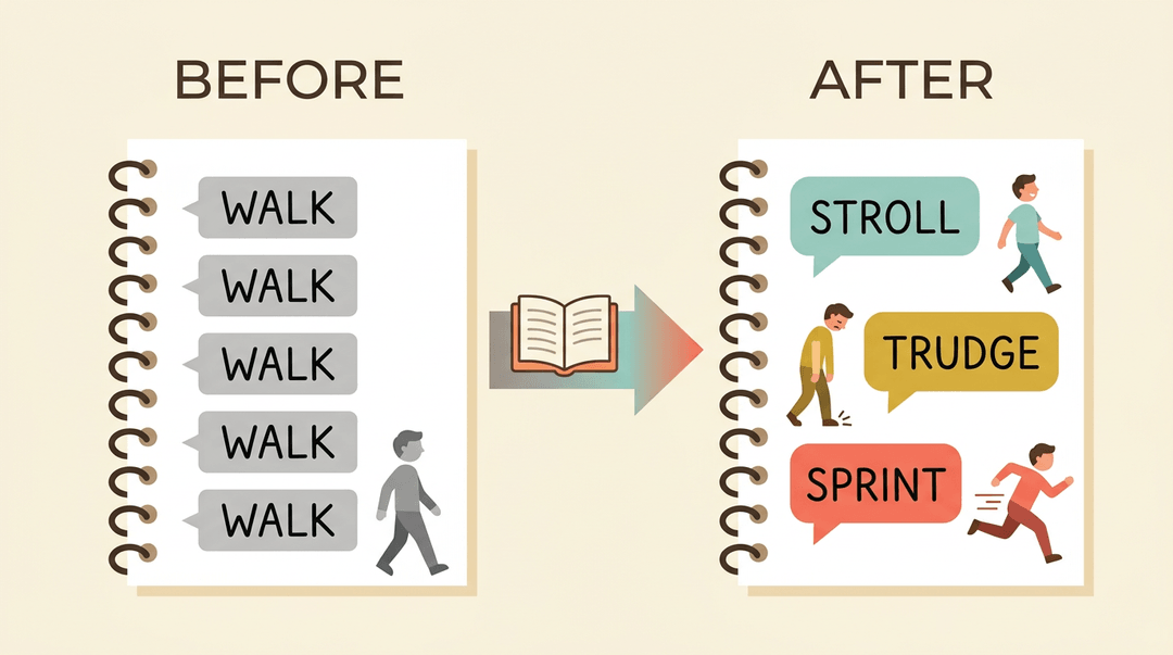 Split-panel illustration showing dull 'WALK' text transforming into colorful, distinct synonyms like stroll, trudge, and sprint.