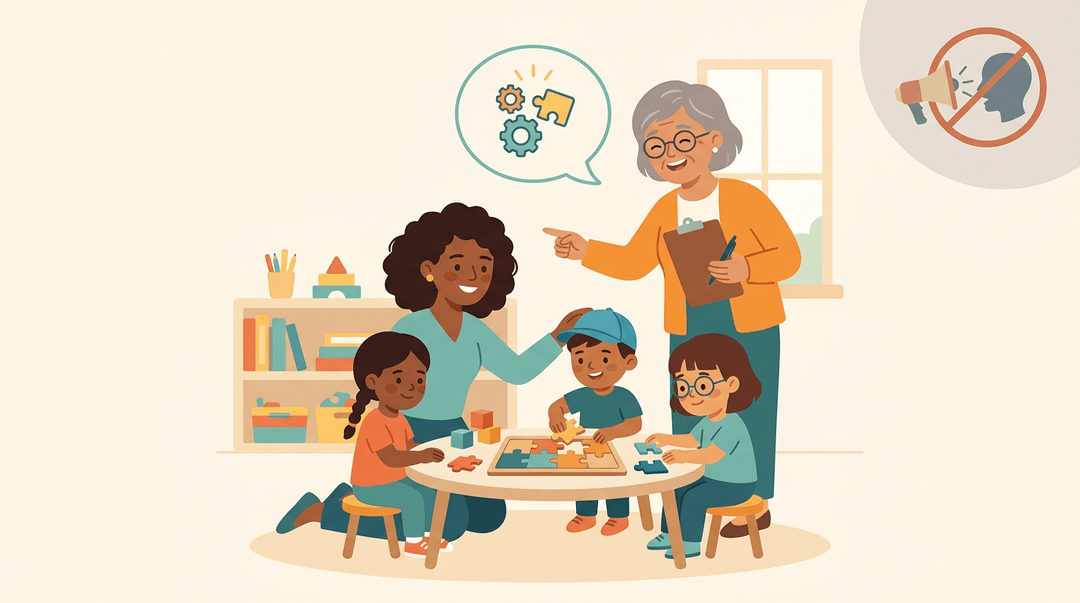 A veteran teacher supports a new colleague while diverse students work on a puzzle, symbolizing skill-building over indoctrination.