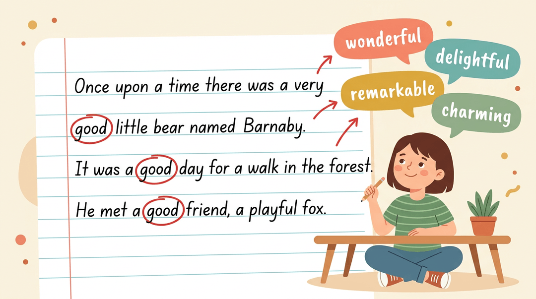 Student replacing repeated 'good' with colorful synonyms like wonderful and delightful in a notebook.