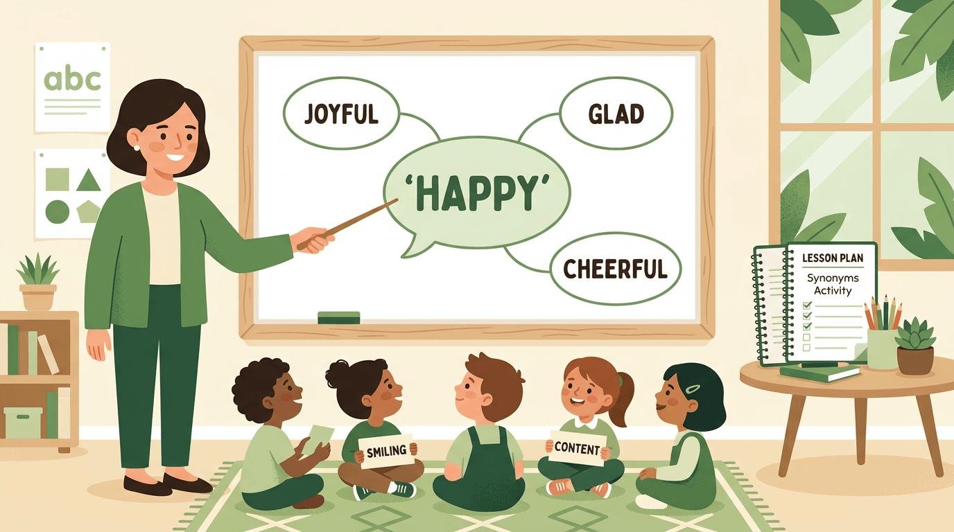 A teacher points to a mind map of synonyms like 'Happy' and 'Joyful' while diverse students watch attentively.